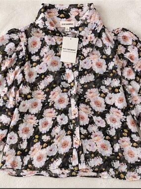 eesome Black Floral Puff-Sleeve Blouse with Pink and Cream Blooms